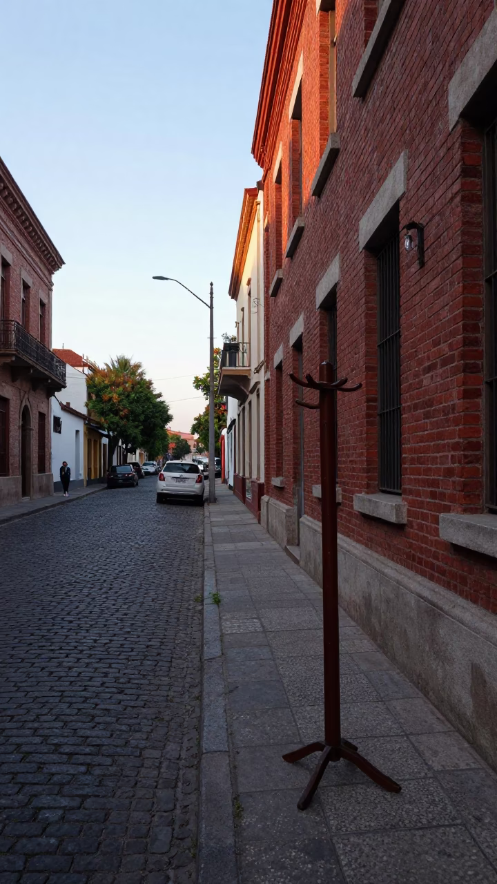 Early Morning Buenos Aires Street Scene with Cobblestone Alley and Vintage Coat Stand in in Buenos Aires, Argentina