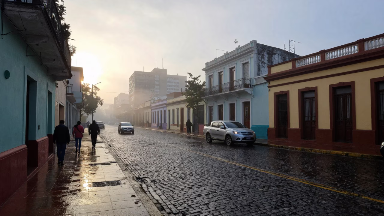 Early Morning Buenos Aires Street Scene with Condensation on Tile and Local Market Activity in in Buenos Aires, Argentina