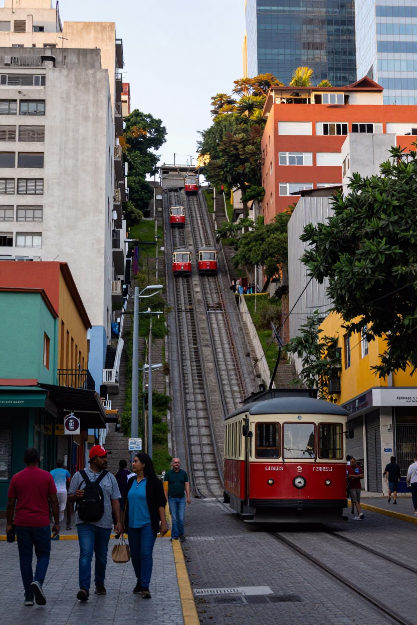 Early Morning Buenos Aires Street Scene with Funicular and Colorful Umbrellas in in Buenos Aires, Argentina