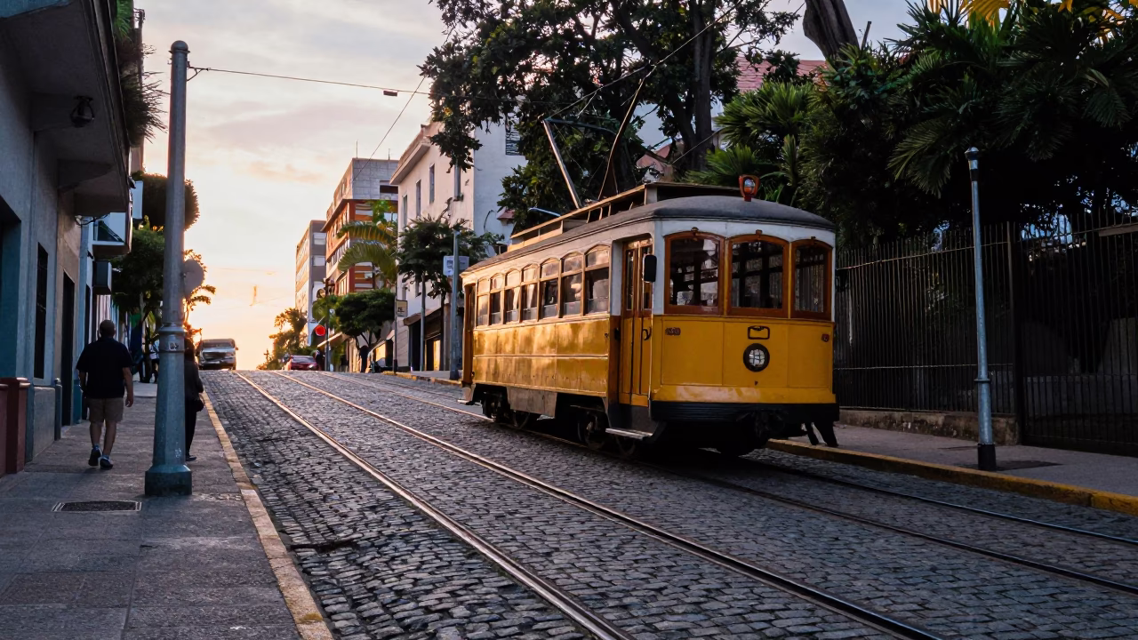 Early Morning Buenos Aires Street Scene with Funicular and Morning Glory in in Buenos Aires, Argentina