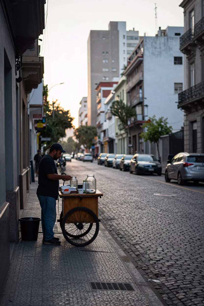 Early Morning Buenos Aires Street Scene with Glass Jar and Dressmaker Chalk on Sidewalk in in Buenos Aires, Argentina