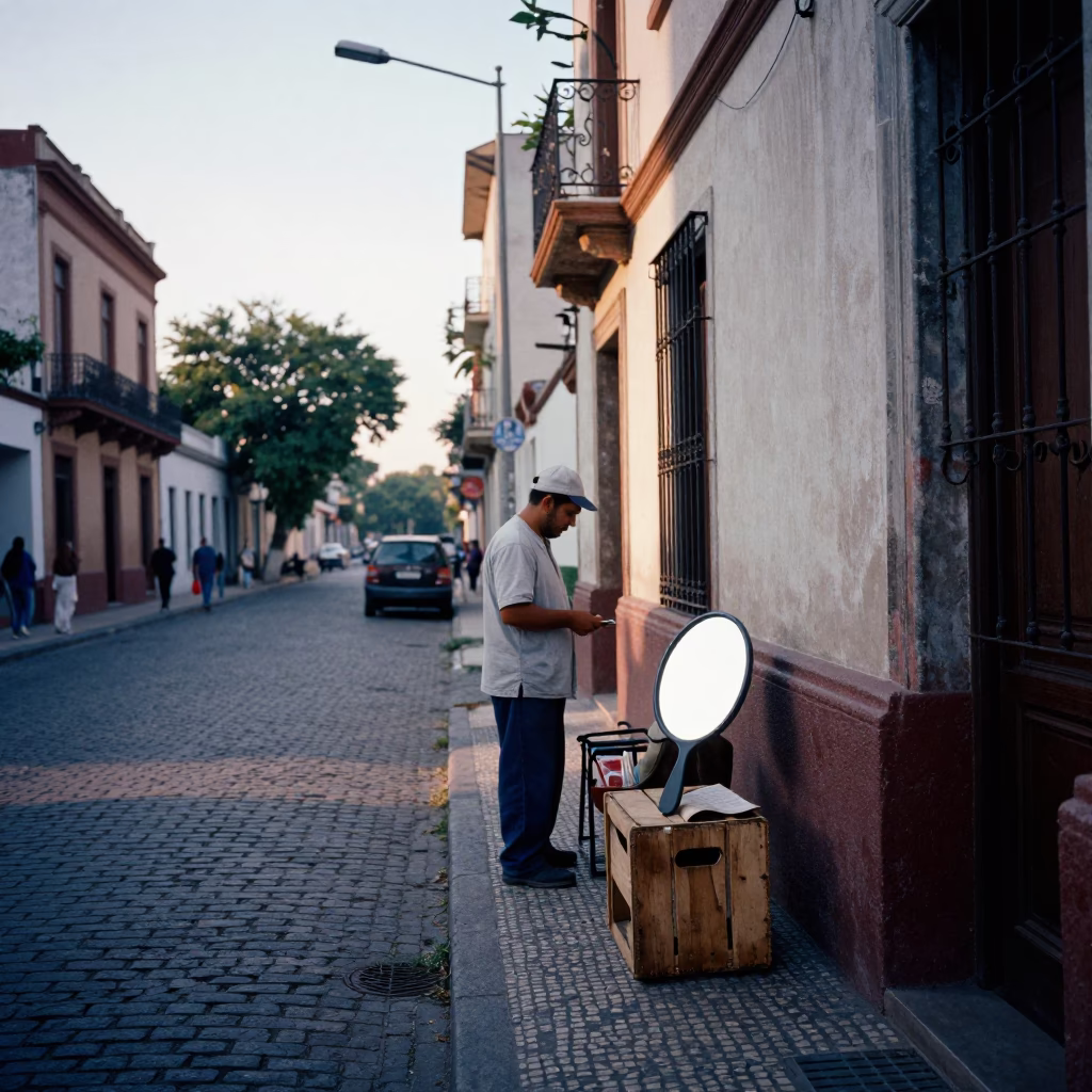 Early Morning Buenos Aires Street Scene with Hand Mirror and Blue Porcelain Plate in in Buenos Aires, Argentina