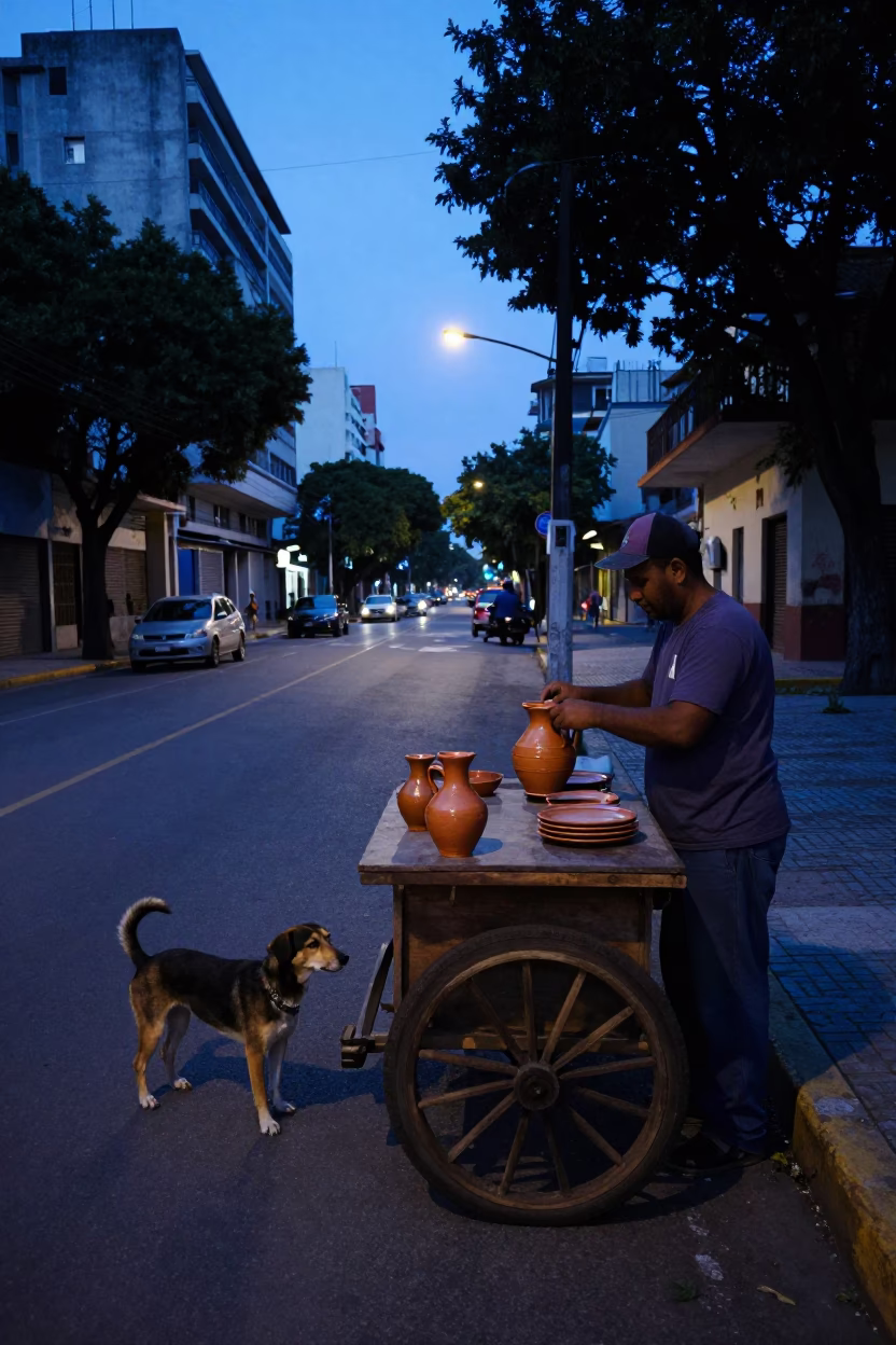 Early Morning Buenos Aires Street Scene with Kromfohrlander Dog and Ceramic Pitcher in in Buenos Aires, Argentina