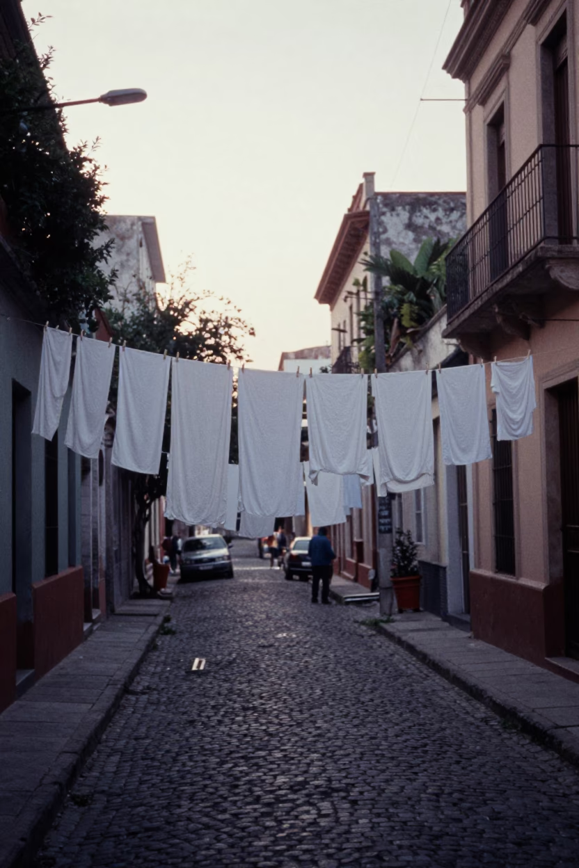 Early Morning Buenos Aires Street Scene with Laundry Lines and Wash Basin in in Buenos Aires, Argentina