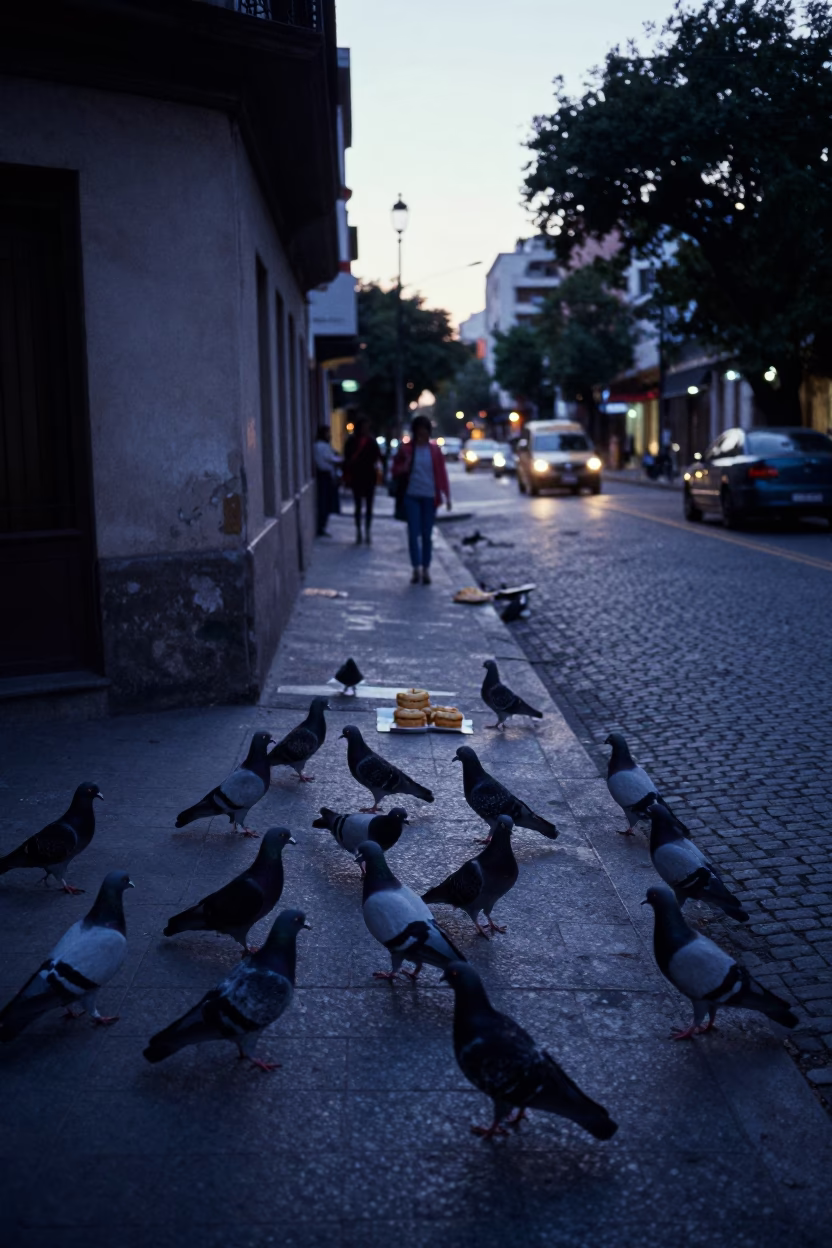 Early Morning Buenos Aires Street Scene with Pigeons and Pastries Near Café in in Buenos Aires, Argentina