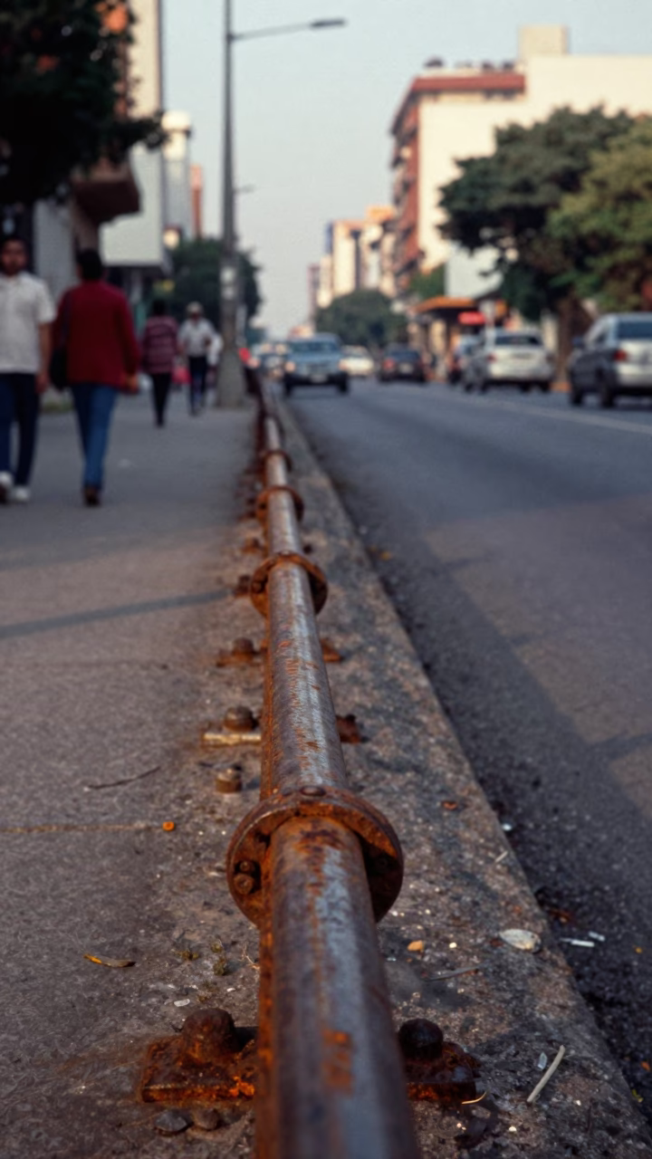 Early Morning Buenos Aires Street Scene with Rusty Rail and Paint Flecks in in Buenos Aires, Argentina