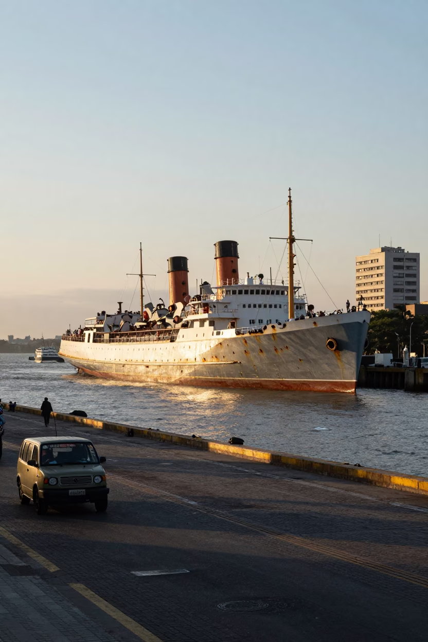 Early Morning Buenos Aires Street Scene with Steamship and Rusty Details in in Buenos Aires, Argentina