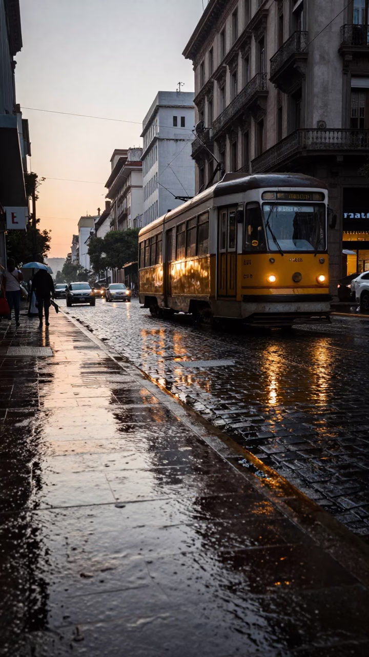 Early Morning Buenos Aires Street Scene with Tram Reflections and Cobblestones in in Buenos Aires, Argentina