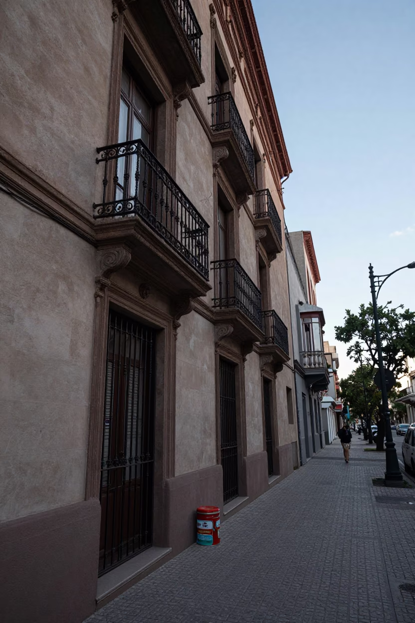 Early Morning Buenos Aires Street Scene with Vintage Biscuit Tin on Iron Balcony in in Buenos Aires, Argentina