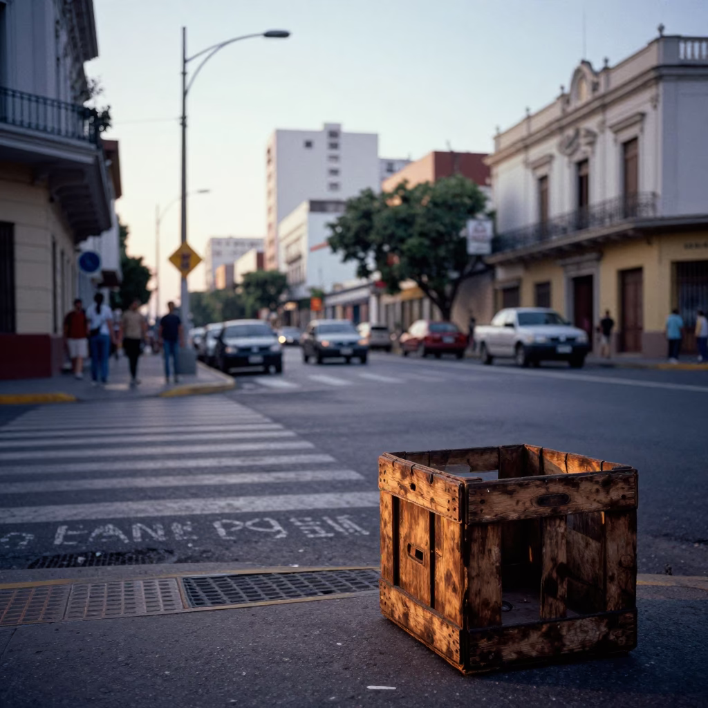 Early Morning Buenos Aires Street Scene with Vintage Crate and Leaf Shadows in in Buenos Aires, Argentina