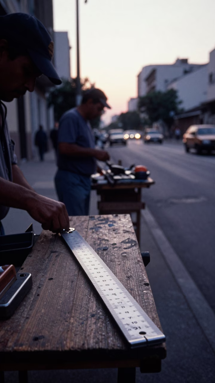 Early Morning Buenos Aires Street Scene with Vintage Folding Ruler and Local Market Activity in in Buenos Aires, Argentina