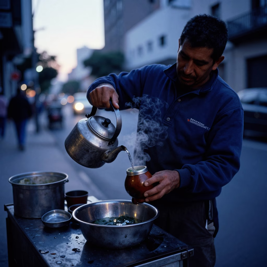 Early Morning Buenos Aires Street Vendor Preparing Mate and Cleaning Gear Before Sunrise in in Buenos Aires, Argentina