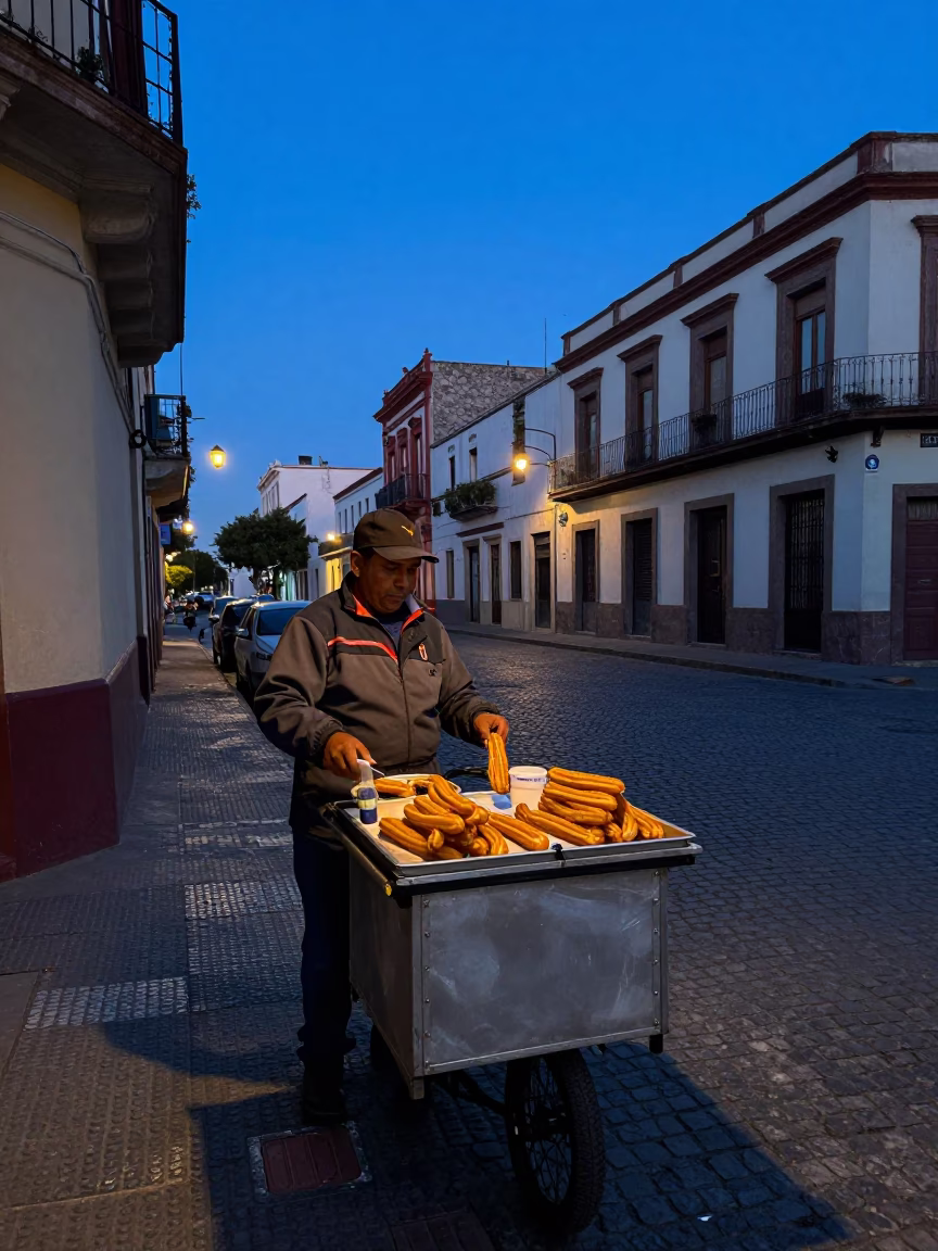 Early Morning Buenos Aires Street Vendor Selling Churros and Hot Chocolate Before Sunrise in in Buenos Aires, Argentina
