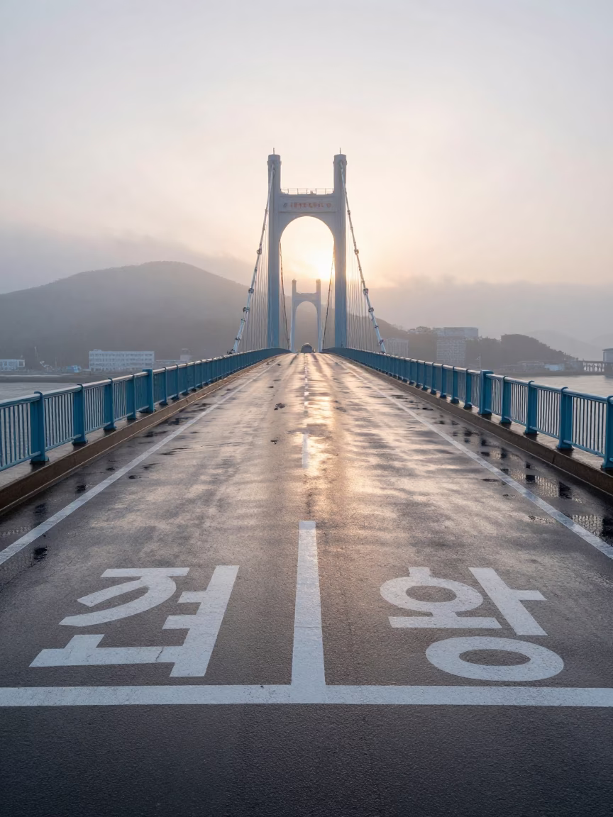 Early Morning Busan Harbor Drizzle and Drawbridge Deck Markings in in Busan, South Korea