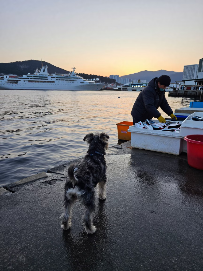 Early Morning Busan Harbor Scene with Small Munsterlander Dog and Fishing Gear in in Busan, South Korea
