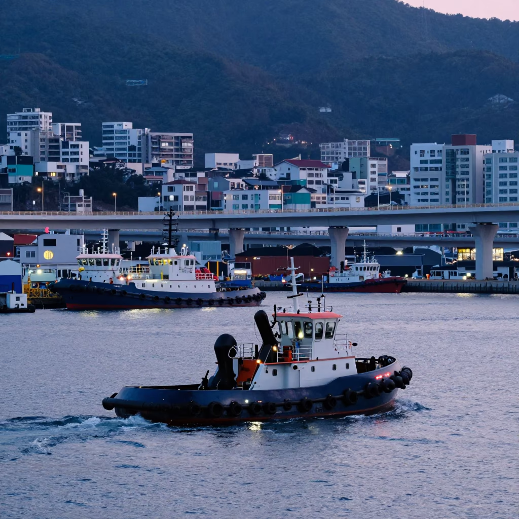 Early Morning Busan Harbor View with Tugboat and Overpass Interchange After Rain in in Busan, South Korea