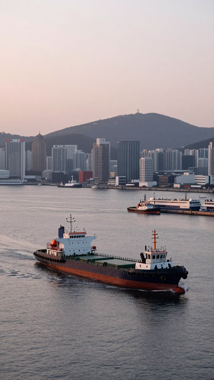 Early Morning Busan Harbor View with Tugboats Guiding Tanker at First Light in in Busan, South Korea