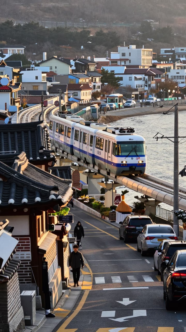 Early Morning Busan South Korea Street Scene with Monorail and Traditional Elements in in Busan, South Korea