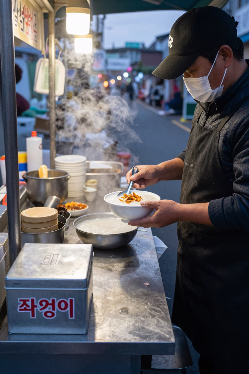 Early Morning Busan Street Food Stall with Congee and Tin Box in South Korea in in Busan, South Korea