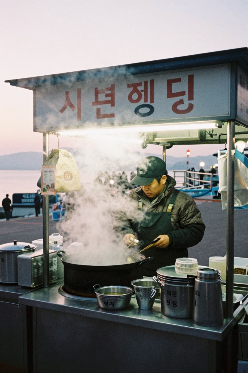 Early Morning Busan Street Food Stall with Steam and City Lights in in Busan, South Korea
