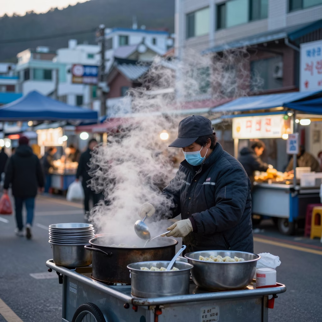 Early Morning Busan Street Food Vendor Preparing Wonton Soup Near Jagalchi Market Harbor in in Busan, South Korea
