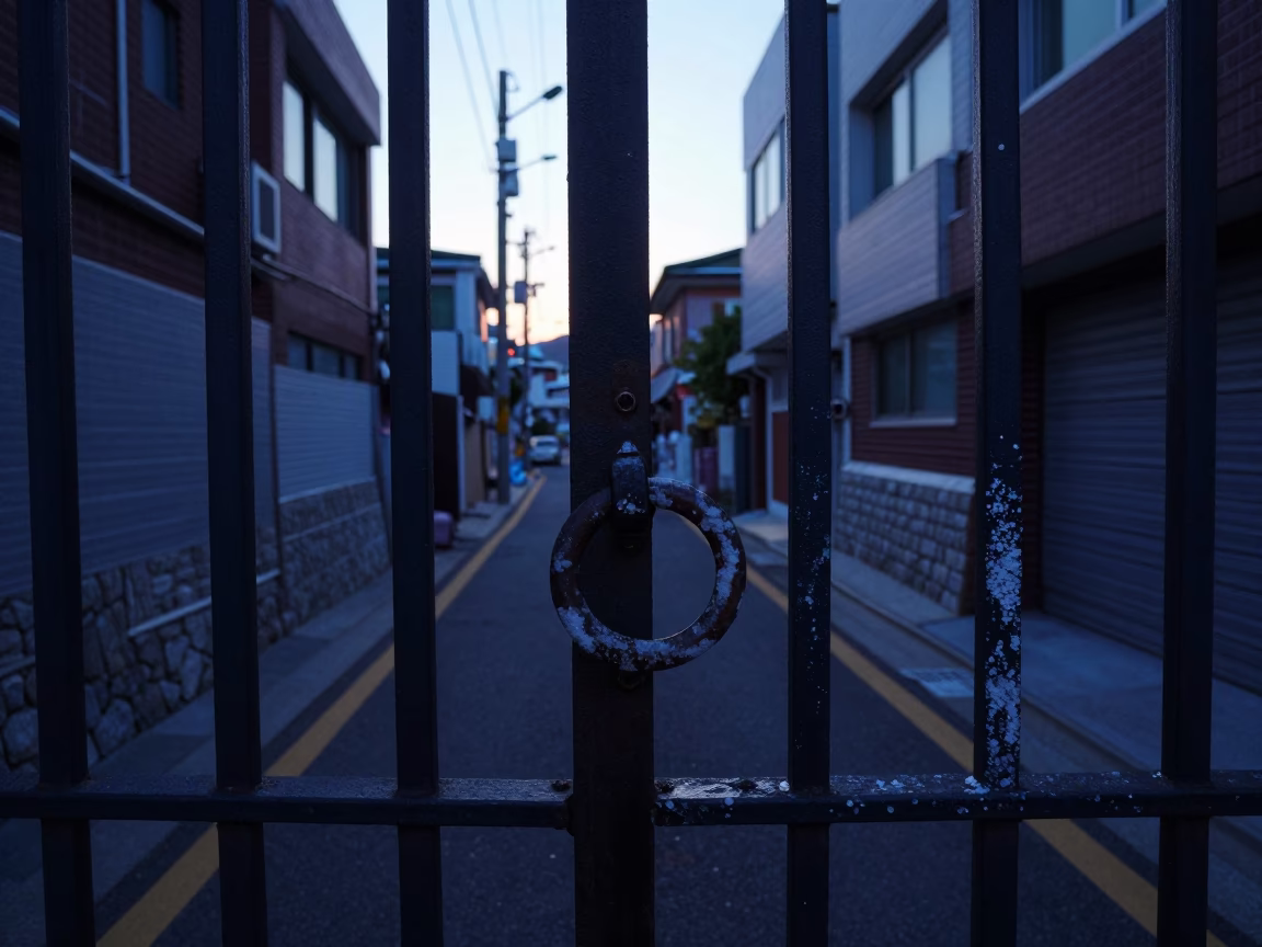Early Morning Busan Street Scene Before Sunrise with Gate Handle and Local Interaction in in Busan, South Korea