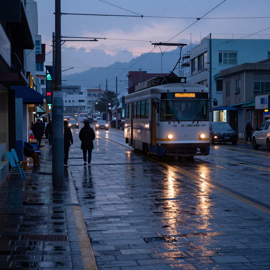 Early Morning Busan Street Scene Before Sunrise with Tram Reflections in in Busan, South Korea