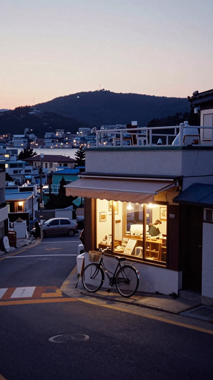 Early Morning Busan Street Scene with Bicycle and Bakery at Dawn in in Busan, South Korea