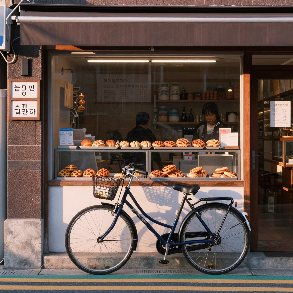 Early Morning Busan Street Scene with Bicycle and Bakery Details in in Busan, South Korea