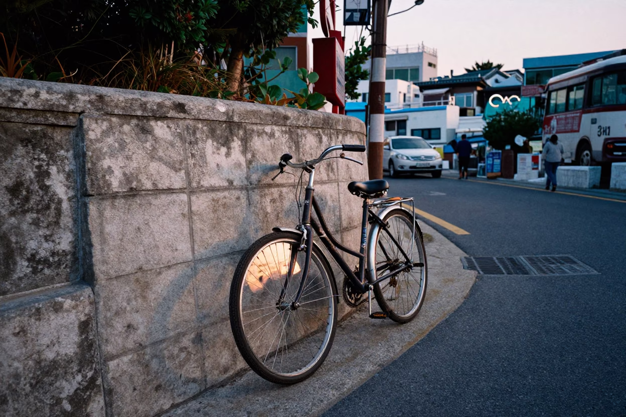 Early Morning Busan Street Scene with Bicycle and Local Morning Routine in in Busan, South Korea