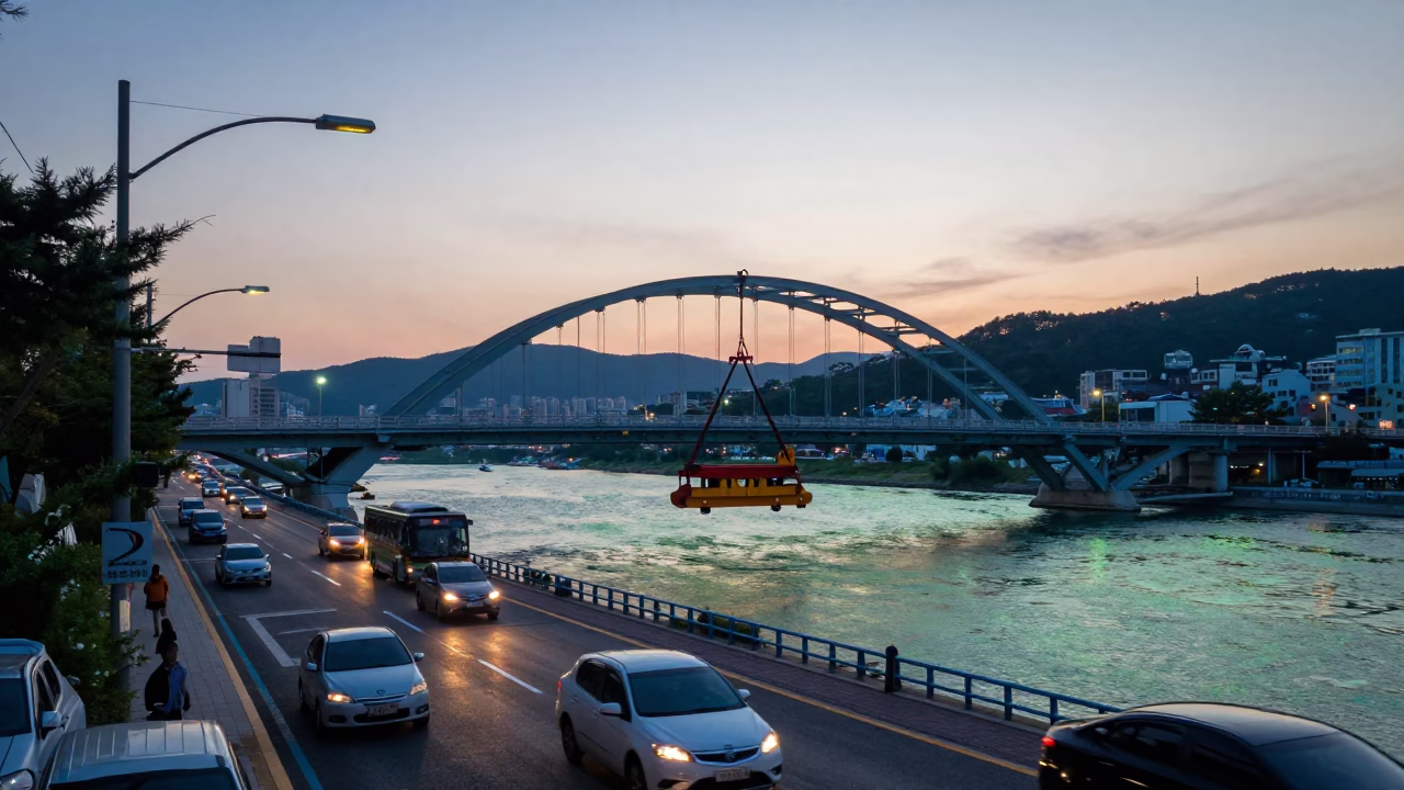 Early Morning Busan Street Scene with Bridge Maintenance Cradle and River Water Before Sunrise in in Busan, South Korea