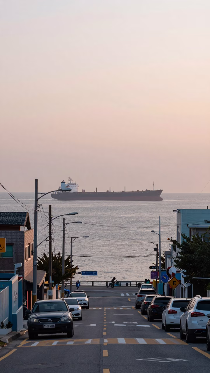 Early Morning Busan Street Scene with Cargo Ship Horizon and Rolling Carts in in Busan, South Korea