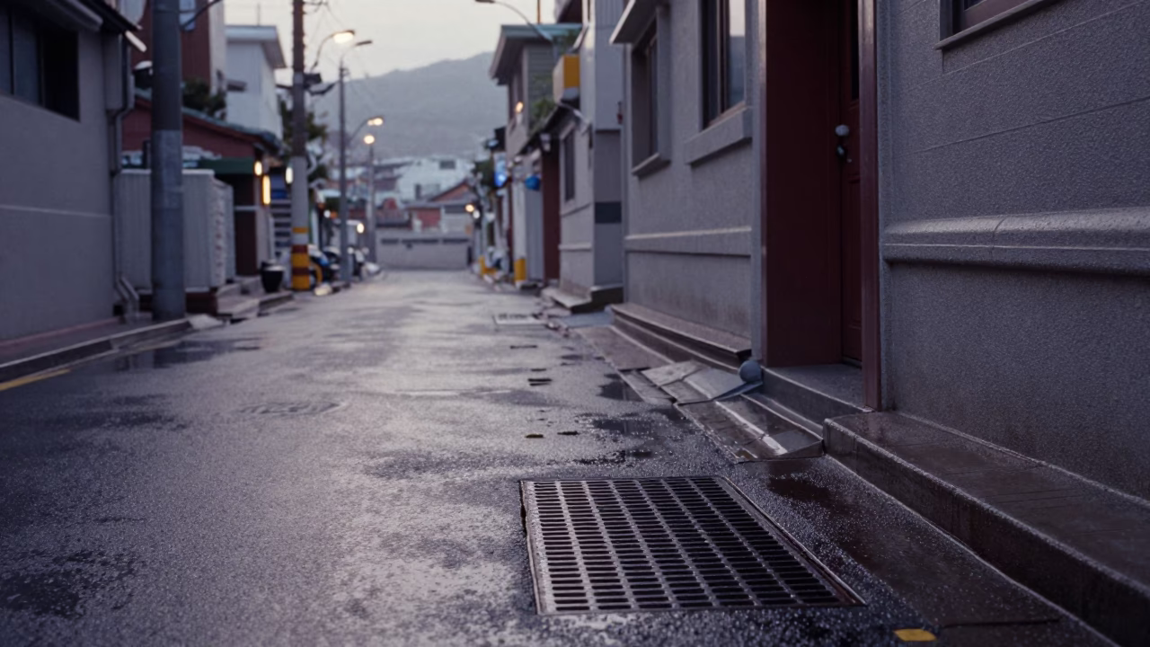 Early Morning Busan Street Scene with Condensation on Drain and Salt Spoon in in Busan, South Korea