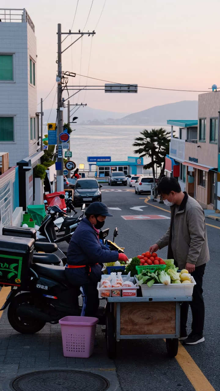 Early Morning Busan Street Scene with Delivery Scooters and Local Market Activity in in Busan, South Korea