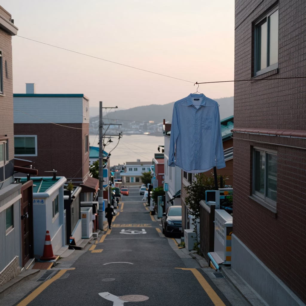 Early Morning Busan Street Scene with Hanging Shirt Hanger and Local Market Ambiance in in Busan, South Korea