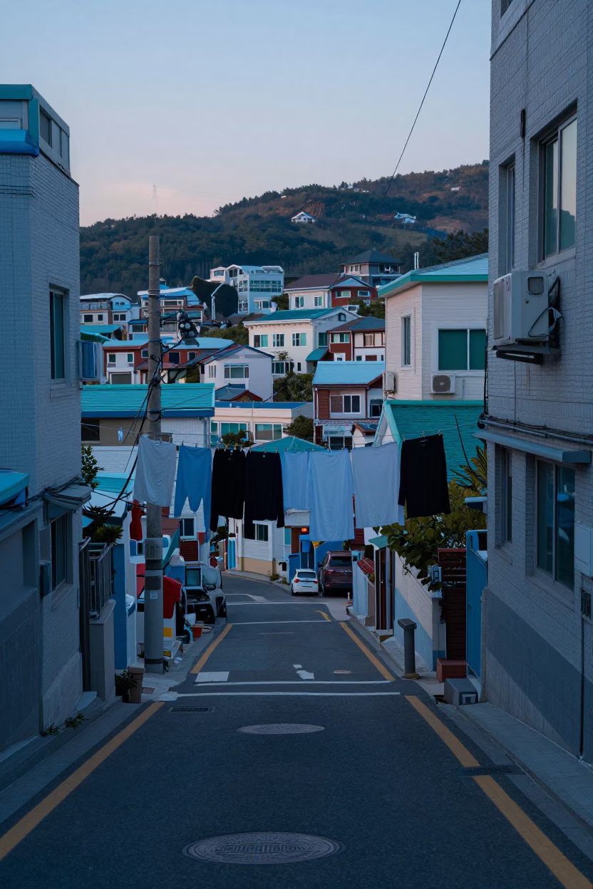 Early Morning Busan Street Scene with Laundry Hanging Before Sunrise in in Busan, South Korea