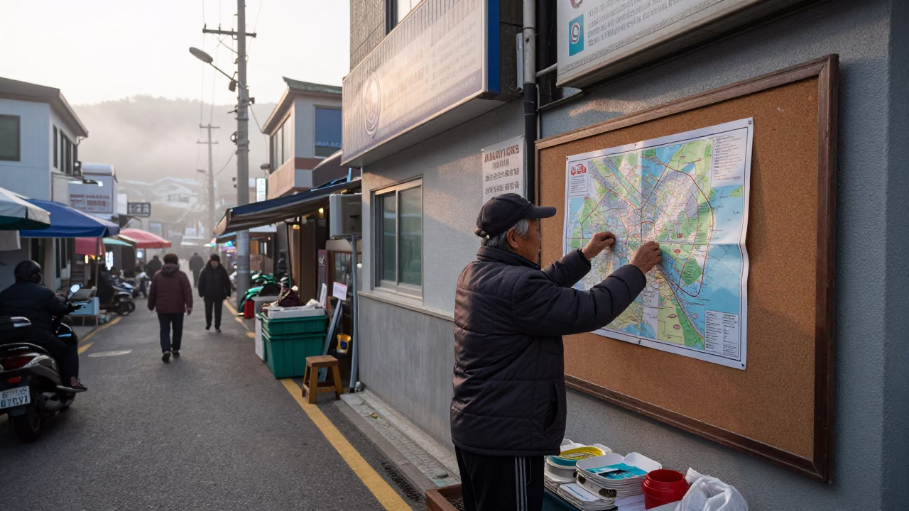 Early Morning Busan Street Scene with Local Market Vendor and Traditional Elements in in Busan, South Korea