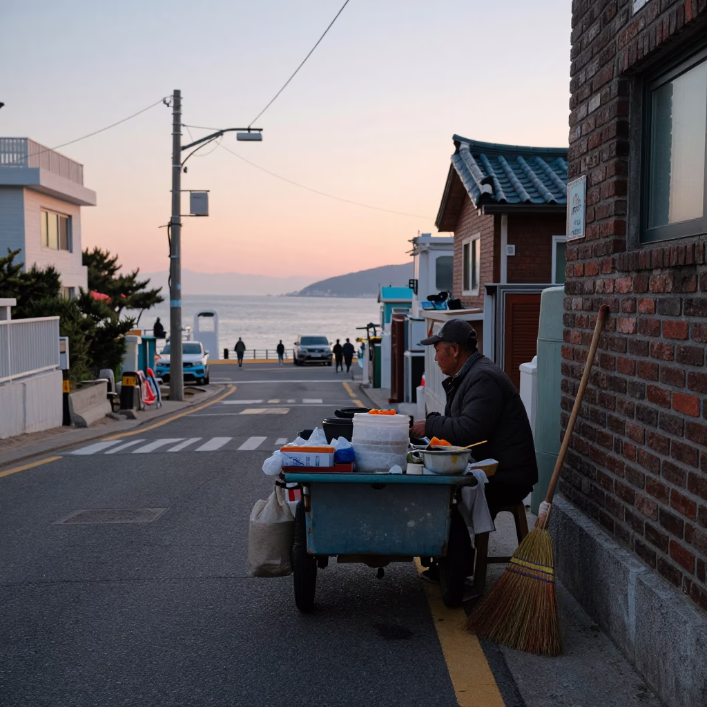Early Morning Busan Street Scene with Local Vendor and Driftwood Decor in in Busan, South Korea