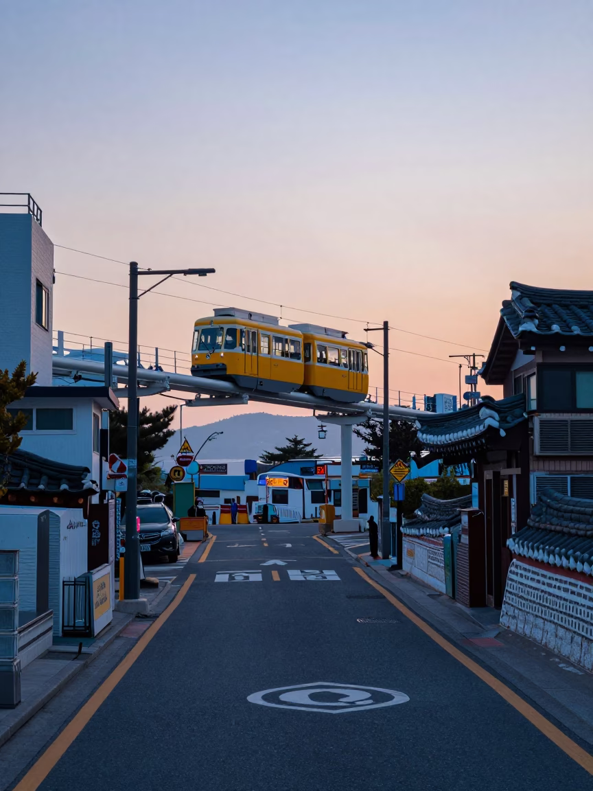 Early Morning Busan Street Scene with Monorail and Traditional Market Vendors in in Busan, South Korea