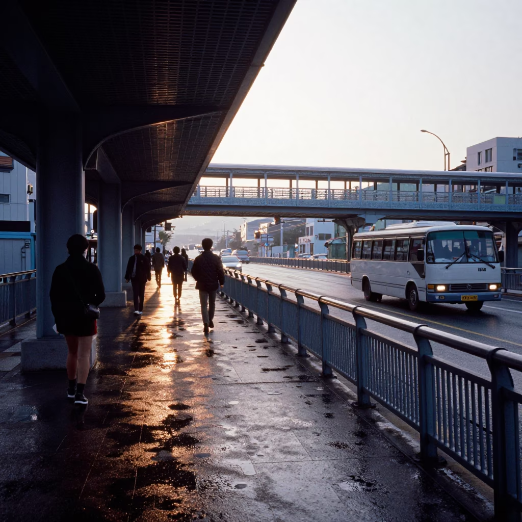 Early Morning Busan Street Scene with Pedestrian Overpass and Ceramic Bowl in in Busan, South Korea