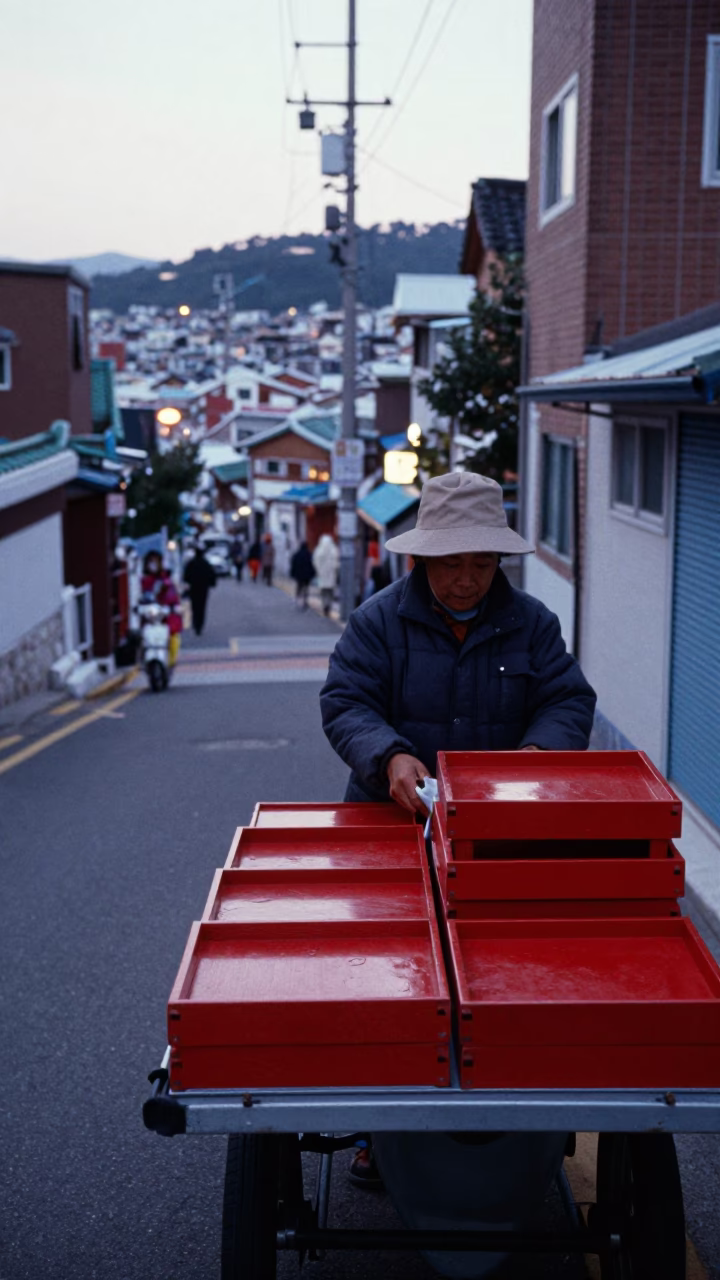 Early Morning Busan Street Scene with Red Lacquered Wood and Flowerpot in in Busan, South Korea