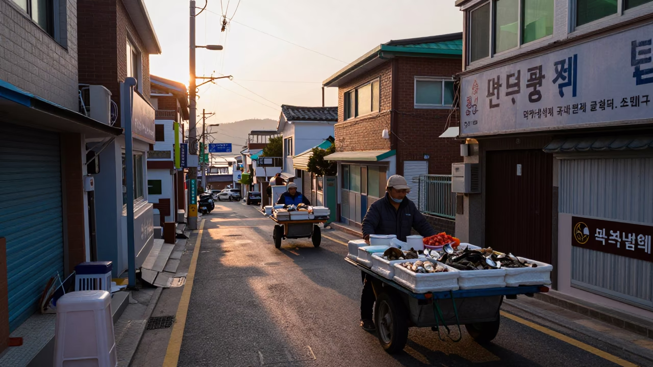 Early Morning Busan Street Scene with Rolling Carts and Coastal Dawn Light in in Busan, South Korea