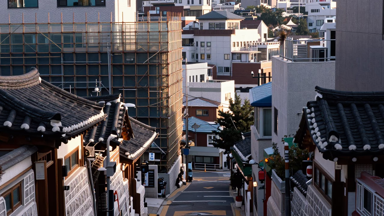 Early Morning Busan Street Scene with Scaffold Geometry and Local Daily Life in in Busan, South Korea