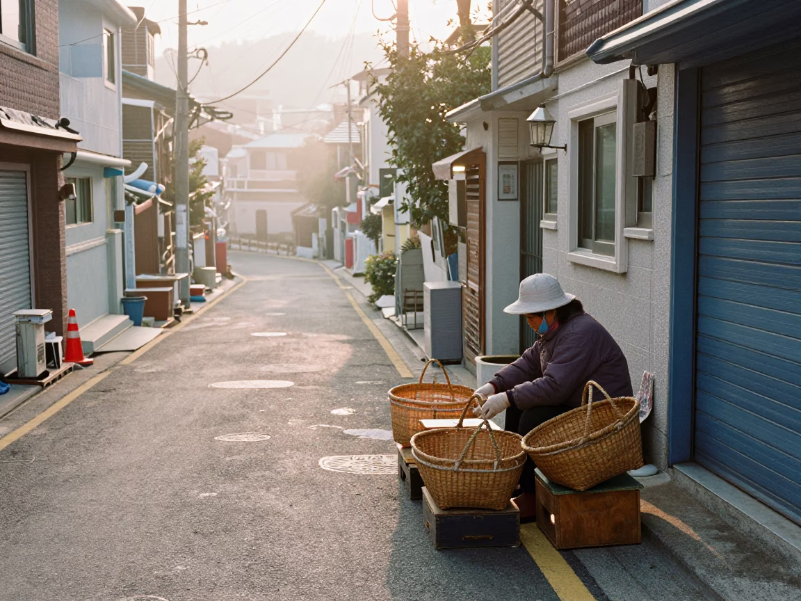 Early Morning Busan Street Scene with Sewing Baskets and Local Morning Routine in in Busan, South Korea
