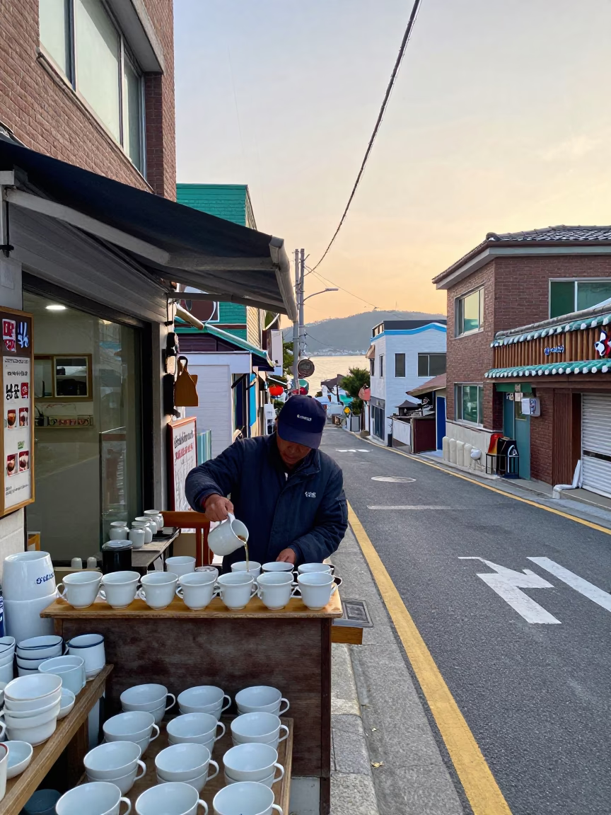 Early Morning Busan Street Scene with Shopkeeper and Ceramic Mugs in in Busan, South Korea