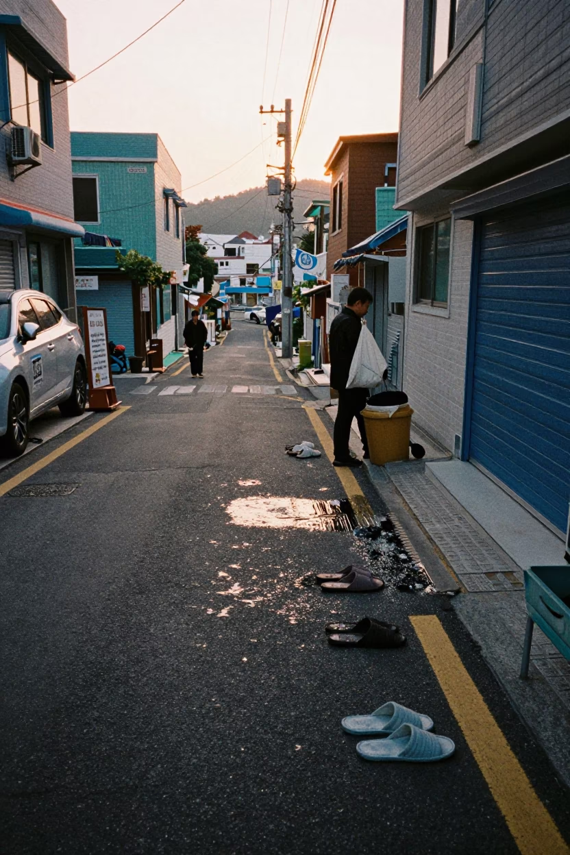Early Morning Busan Street Scene with Slippers and Grease Sheen on Fabric in in Busan, South Korea