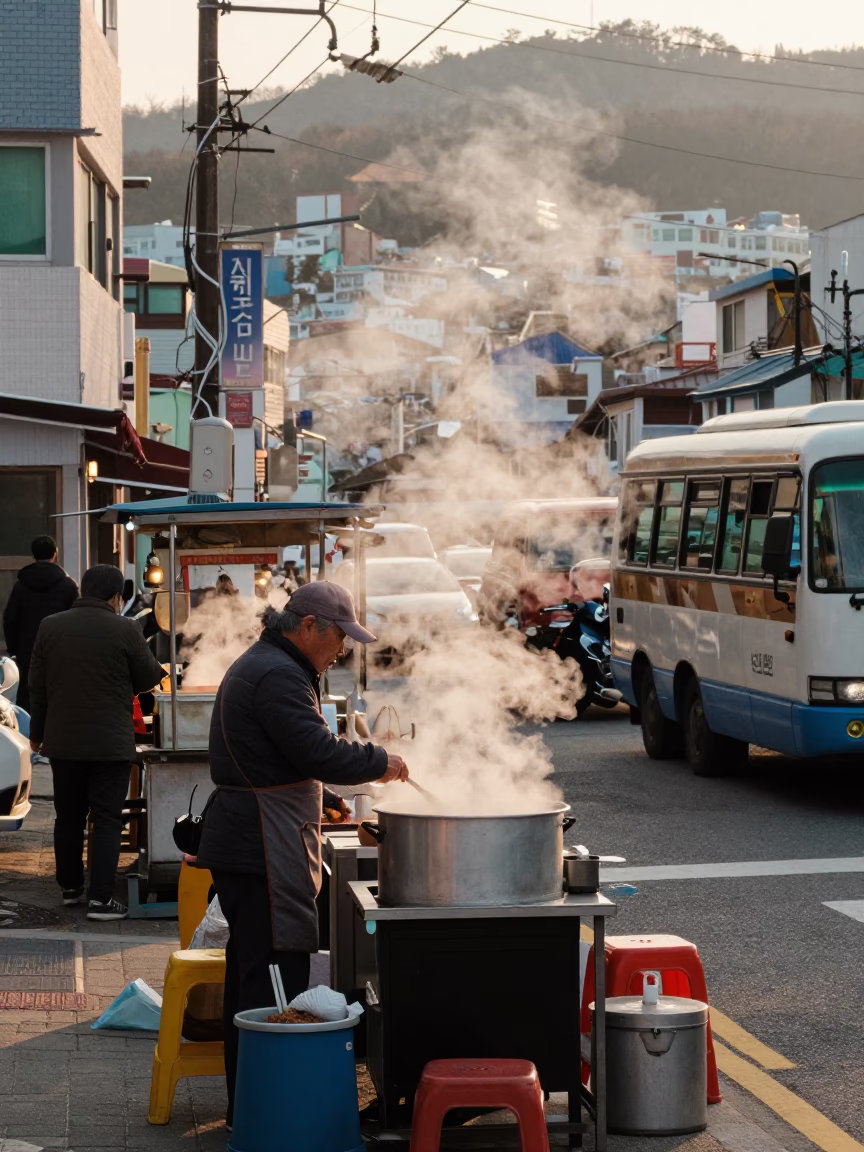 Early Morning Busan Street Scene with Steam and Local Breakfast Culture in in Busan, South Korea