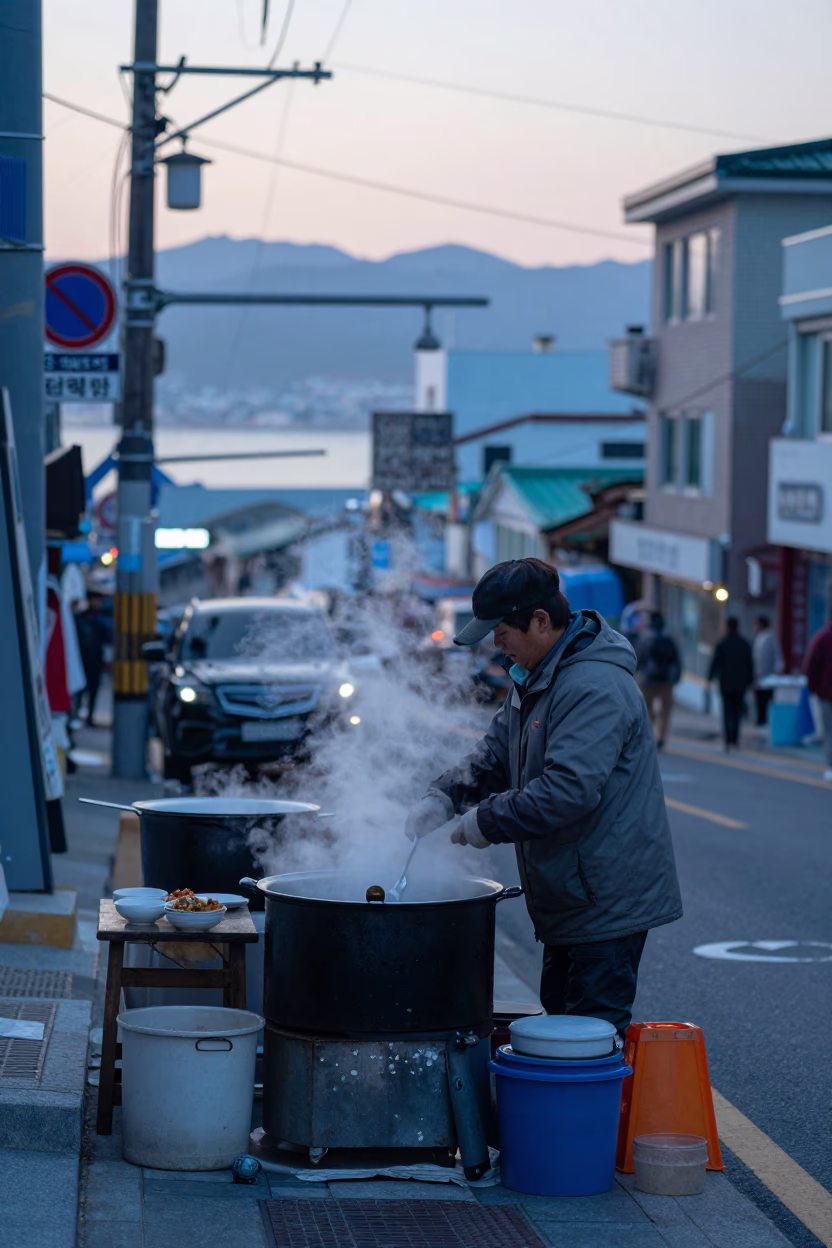 Early Morning Busan Street Scene with Steaming Bowl of Congee and Century Egg in in Busan, South Korea