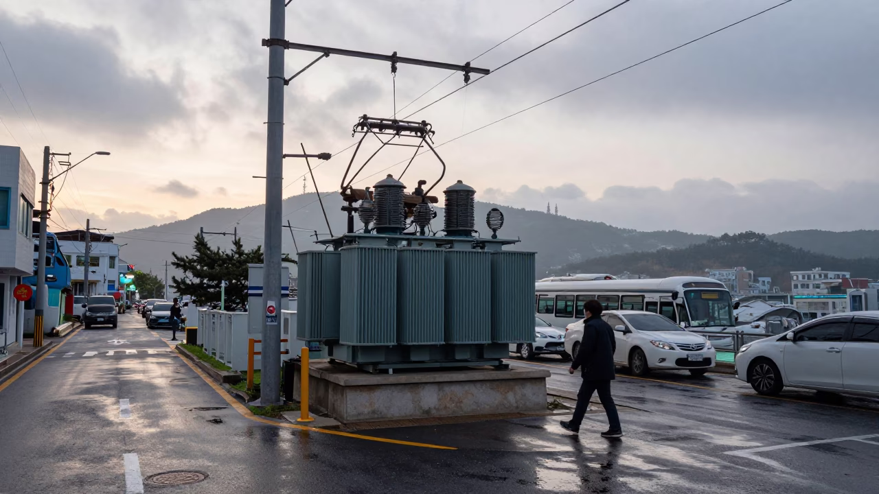 Early Morning Busan Street Scene with Substation and Monorail in in Busan, South Korea