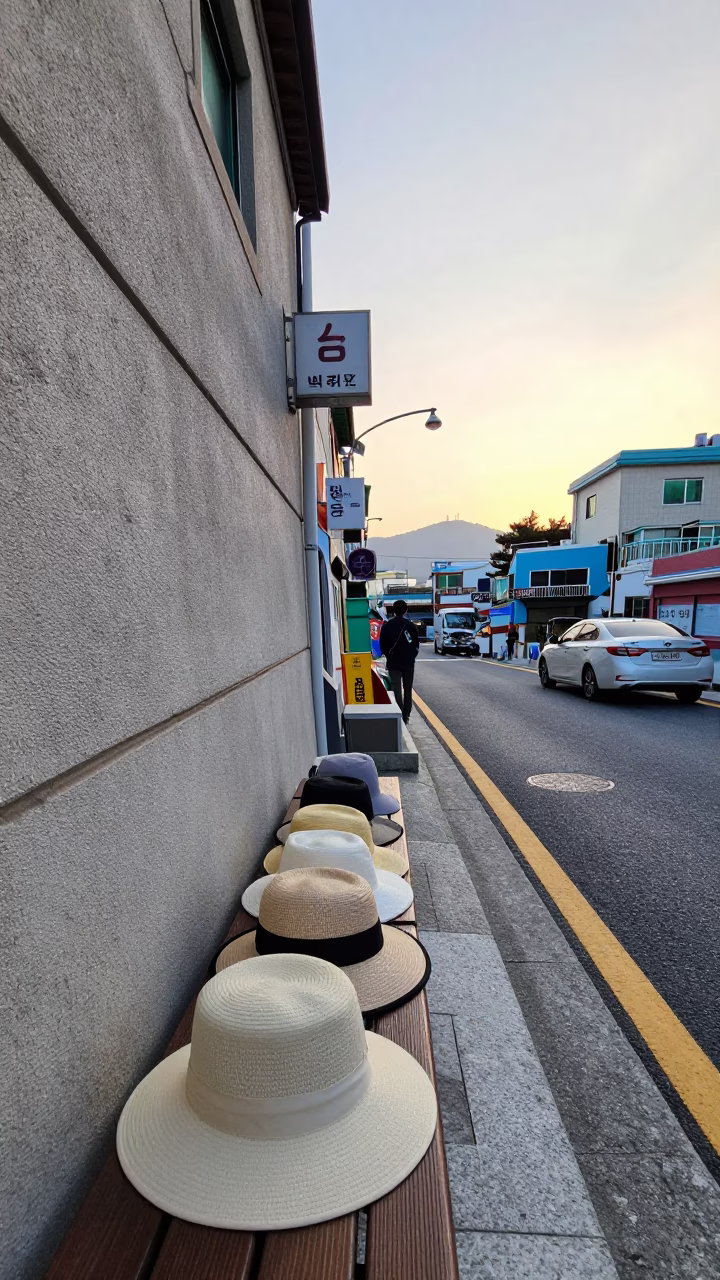 Early Morning Busan Street Scene with Sun Hats and Iron Hook Detail in in Busan, South Korea